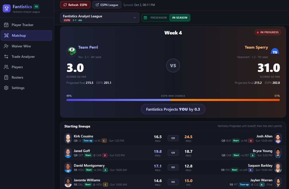 Fantistics fantasy football matchup screen showing a live head-to-head projected score and starting lineups