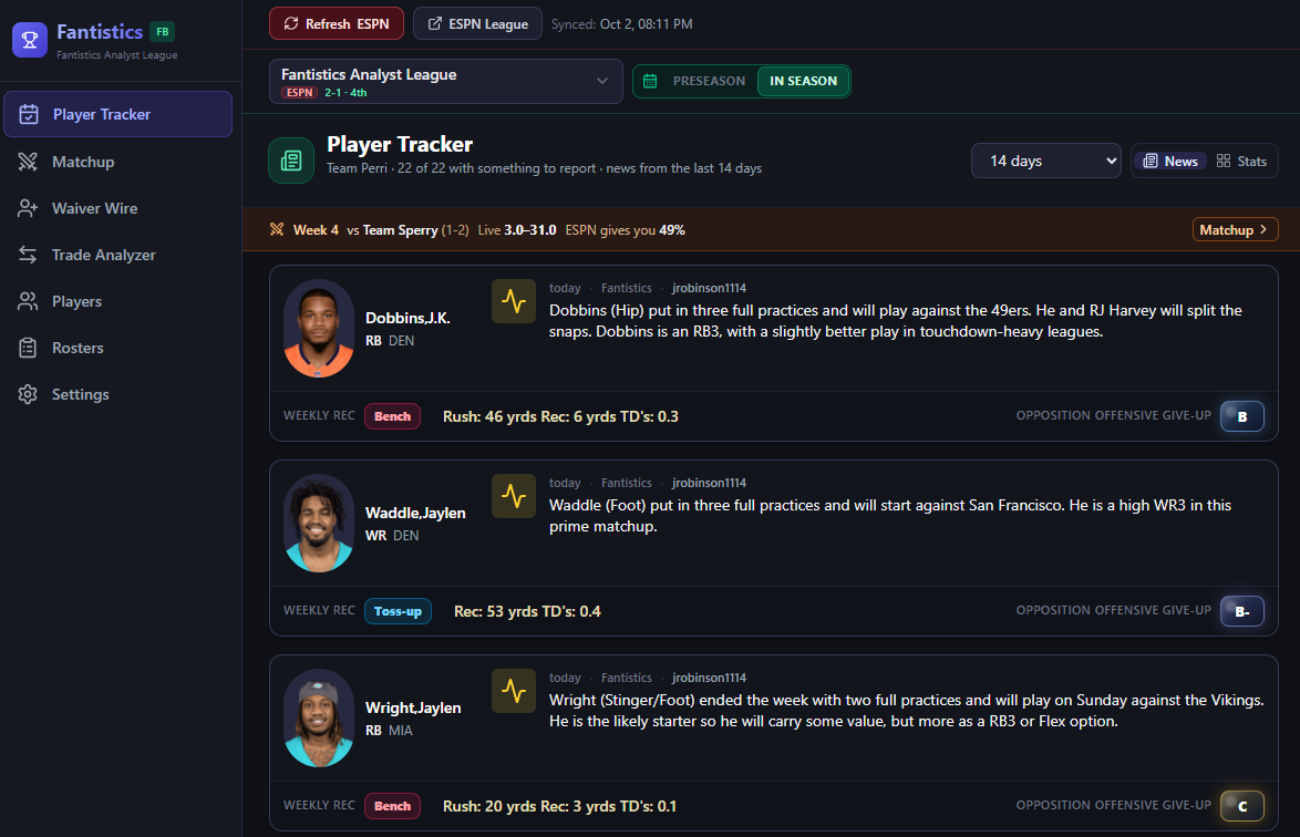 Fantistics fantasy football player tracker feed with news and weekly start, toss-up, or bench recommendations for each roster player