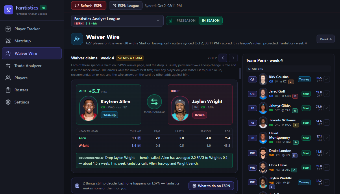 Fantistics fantasy football waiver wire showing a recommended add and drop with projected point gain and head-to-head comparison