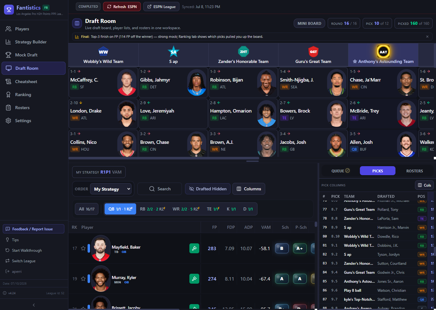 Fantistics league ranking dashboard showing projected standings, fantasy point totals, and category leaders