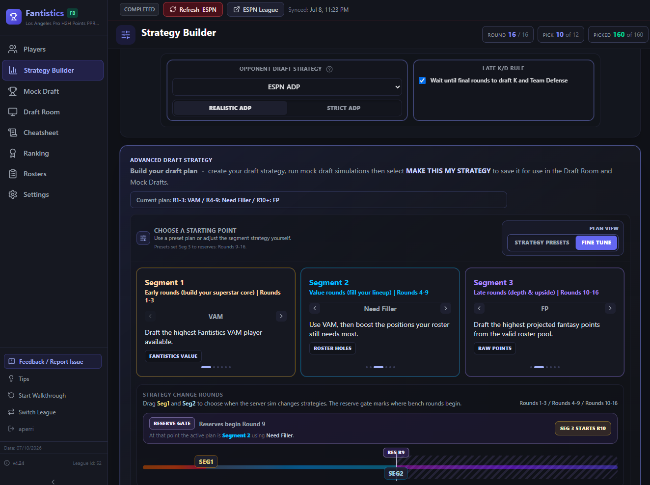 Fantistics Strategy Builder showing round-by-round draft segments and mock draft strategy presets